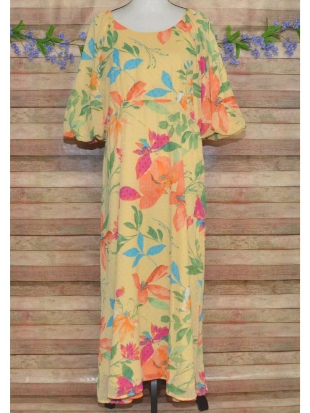 Cato Ladies XL Yellow Floral Swiss Dots Maxi Dress Puff Sleeves Spring Vacation